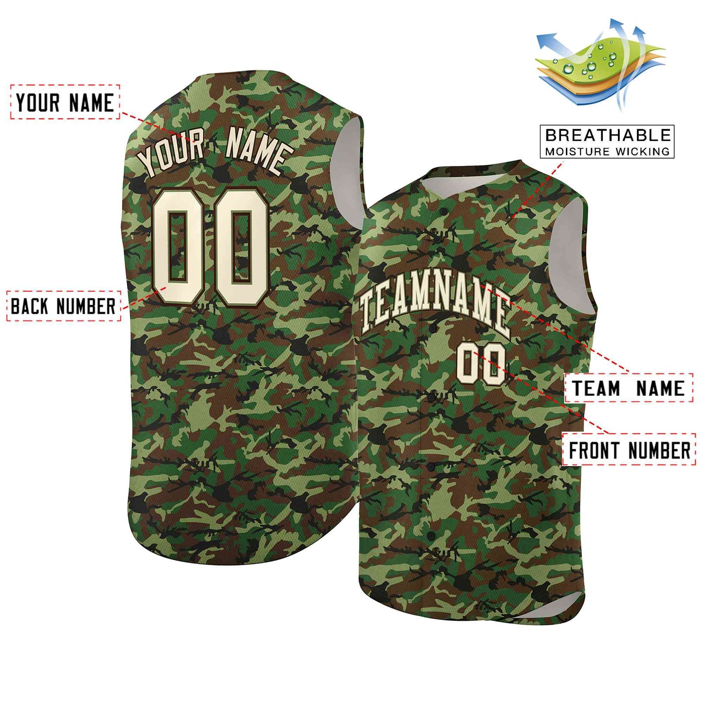 Custom Brown Green-Cream Camo Fashion Authentic Sleeveless Baseball Jersey