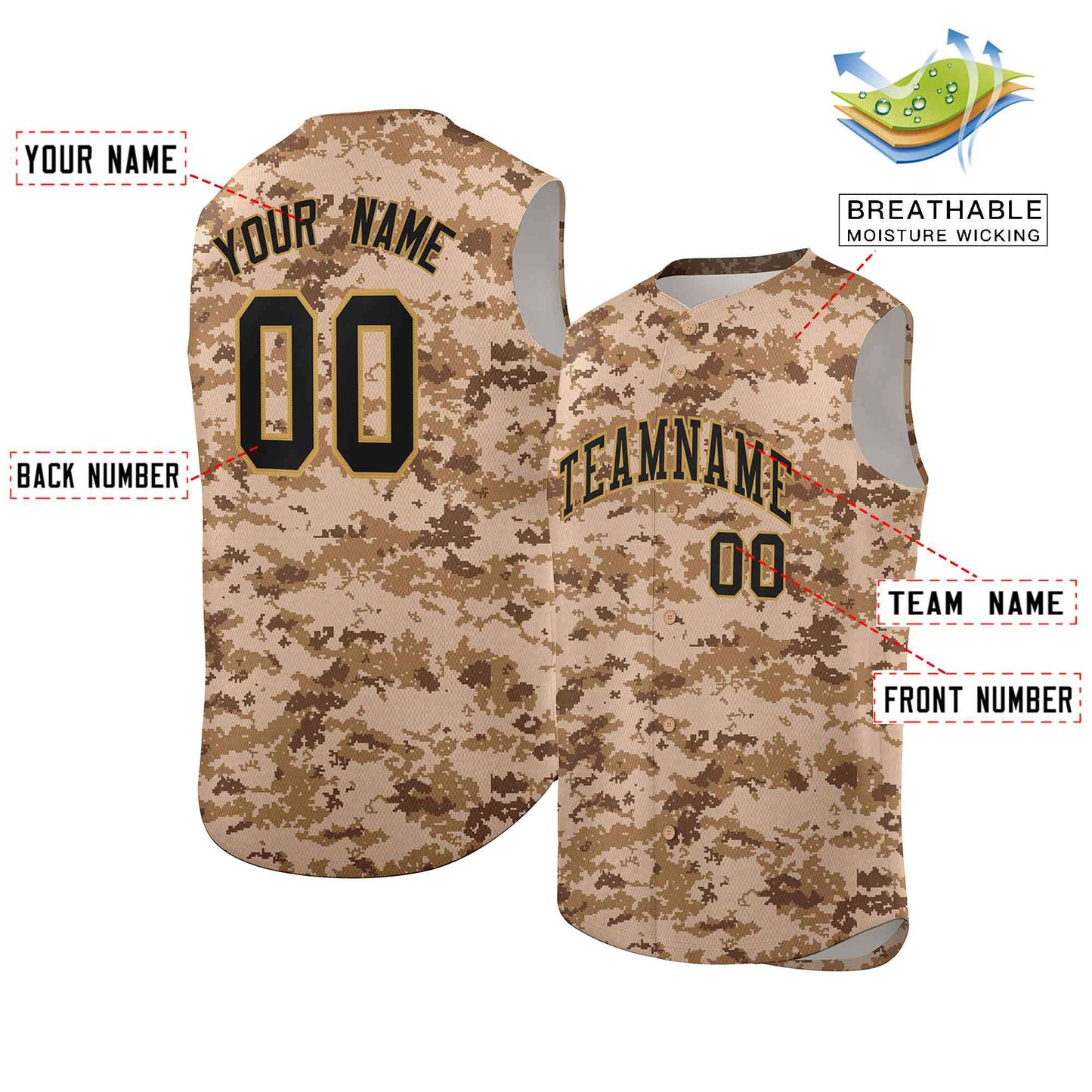 Custom Brown Khaki Camo Fashion Authentic Sleeveless Baseball Jersey