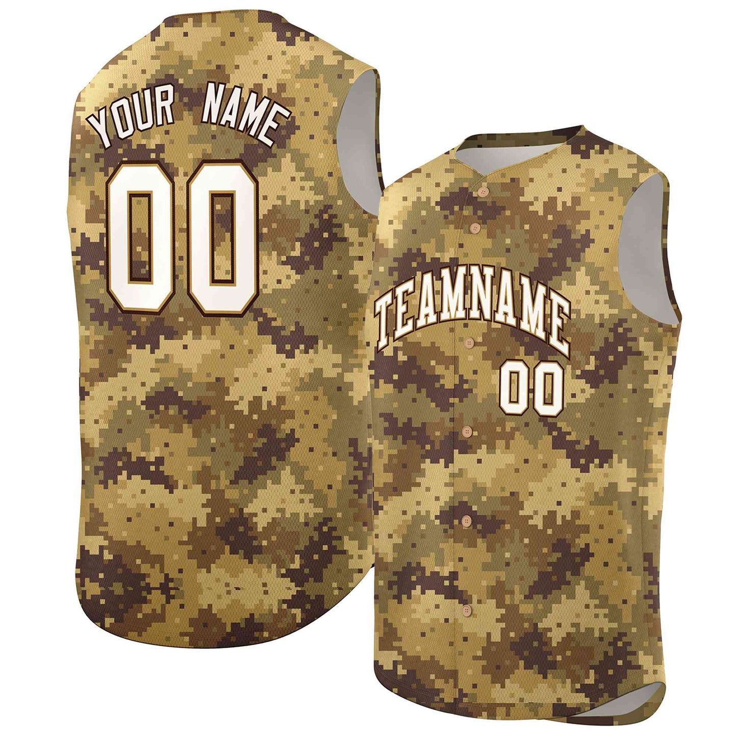 Custom Brown Old Gold-White Camo Fashion Authentic Sleeveless Baseball Jersey