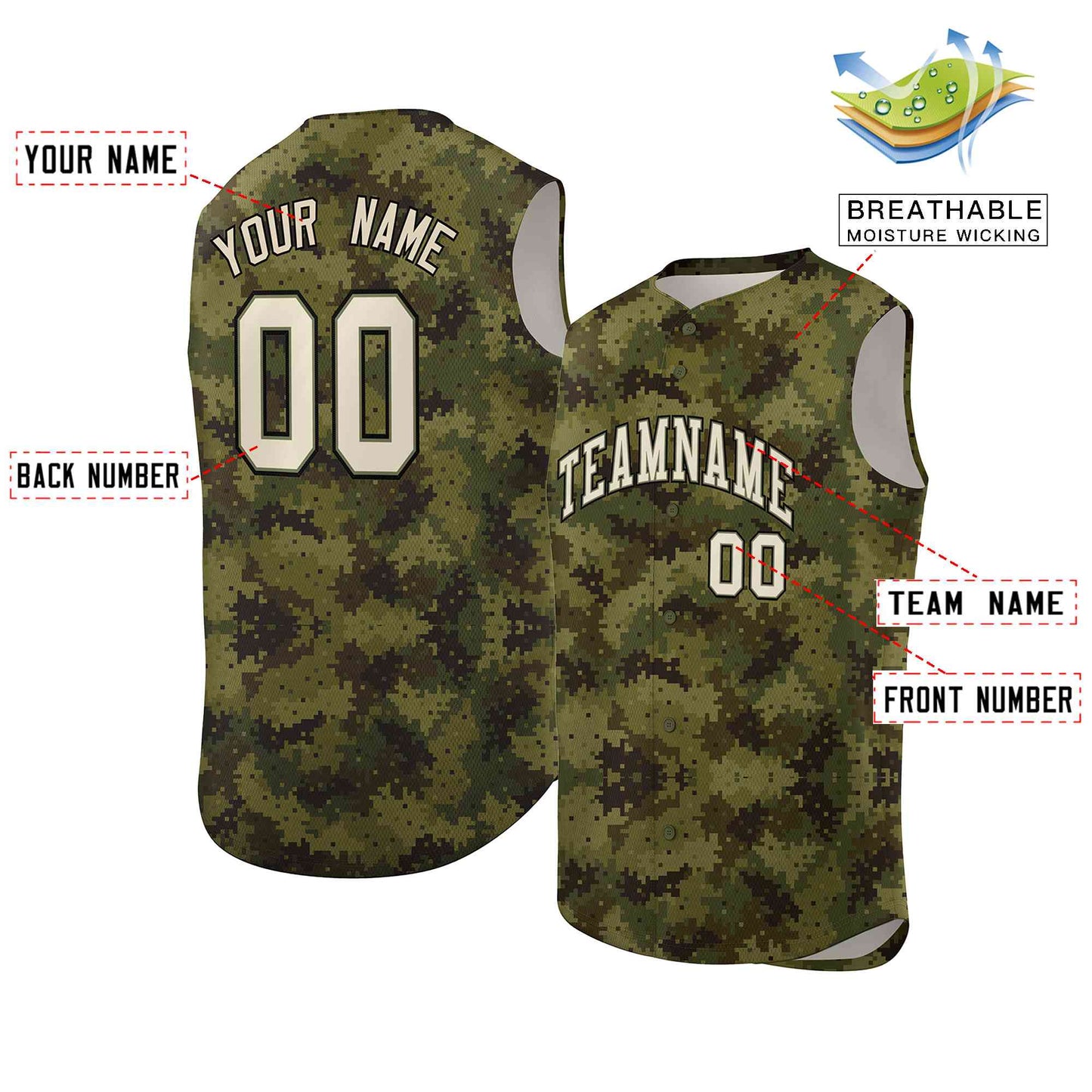 Custom Green Brown-Khaki Camo Fashion Authentic Sleeveless Baseball Jersey