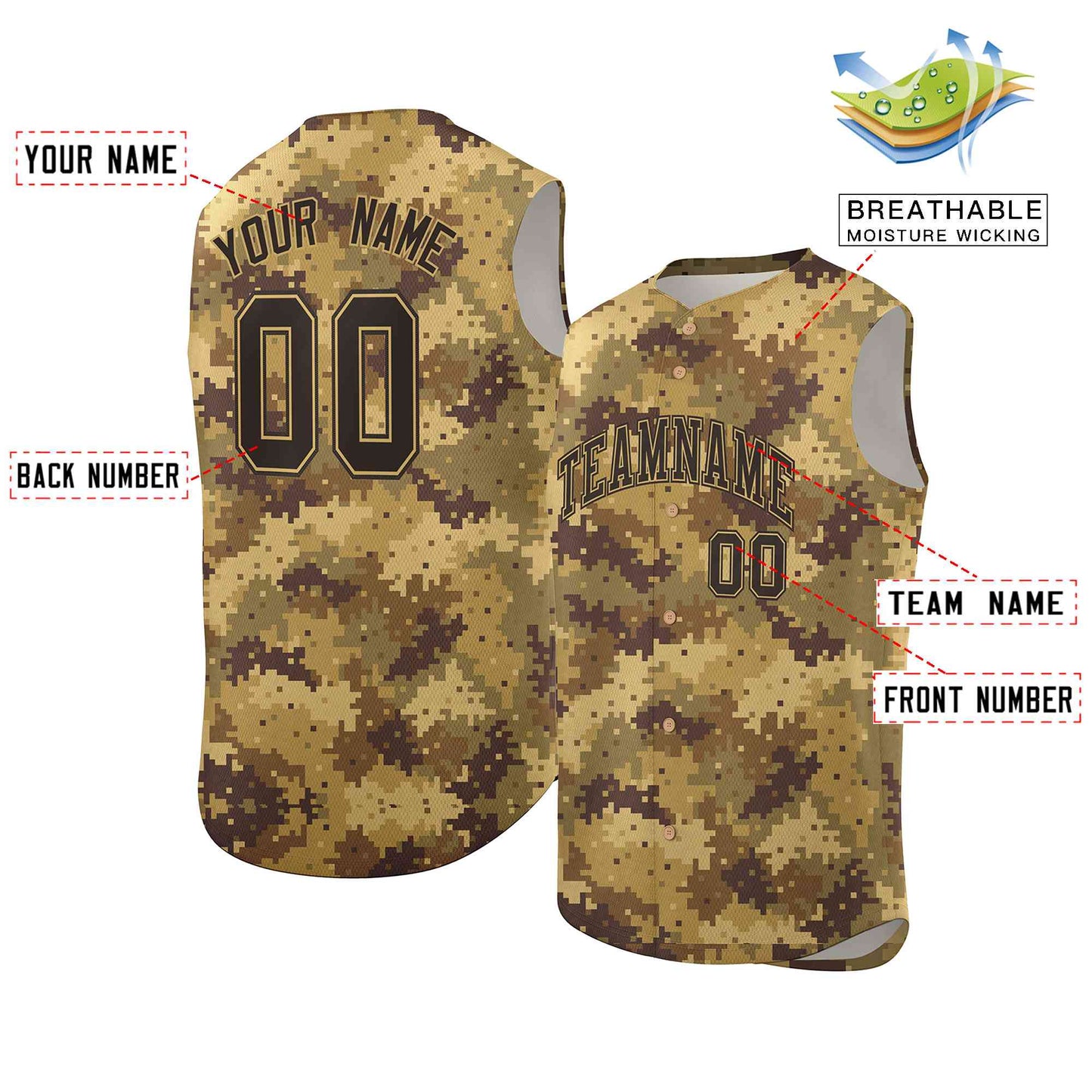 Custom Brown Old Gold-Black Camo Fashion Authentic Sleeveless Baseball Jersey