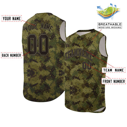 Custom Green Brown-Black Camo Fashion Authentic Sleeveless Baseball Jersey