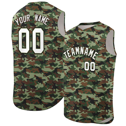 Custom Brown Green-White Camo Fashion Authentic Sleeveless Baseball Jersey