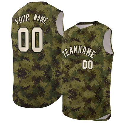 Custom Green Brown-Khaki Camo Fashion Authentic Sleeveless Baseball Jersey