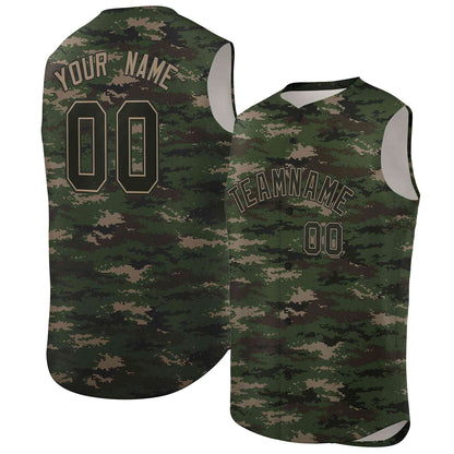 Custom Green Brown-Khaki Camo Fashion Authentic Sleeveless Baseball Jersey