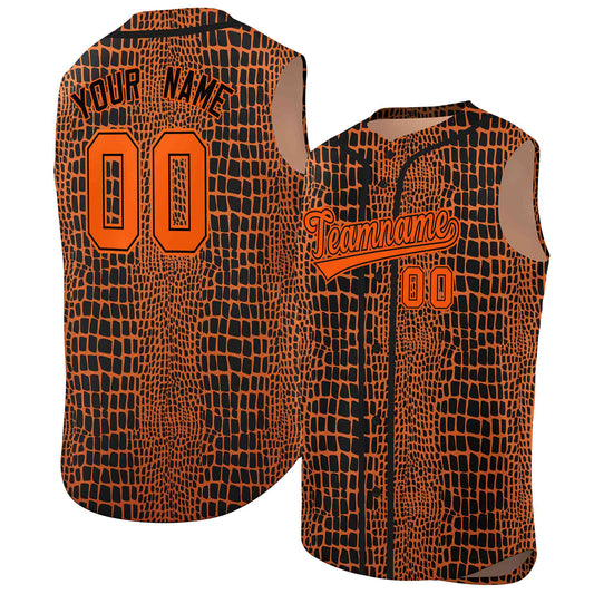 Custom Orange Black Crocodile Graffiti Pattern Authentic Sleeveless Baseball Jersey