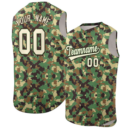 Custom Brown Green-Cream Camo Fashion Authentic Sleeveless Baseball Jersey