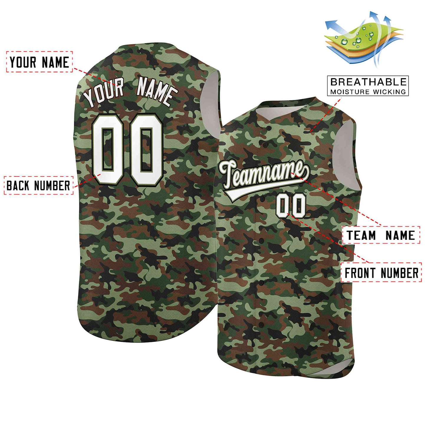 Custom Brown Green-White Camo Fashion Authentic Sleeveless Baseball Jersey