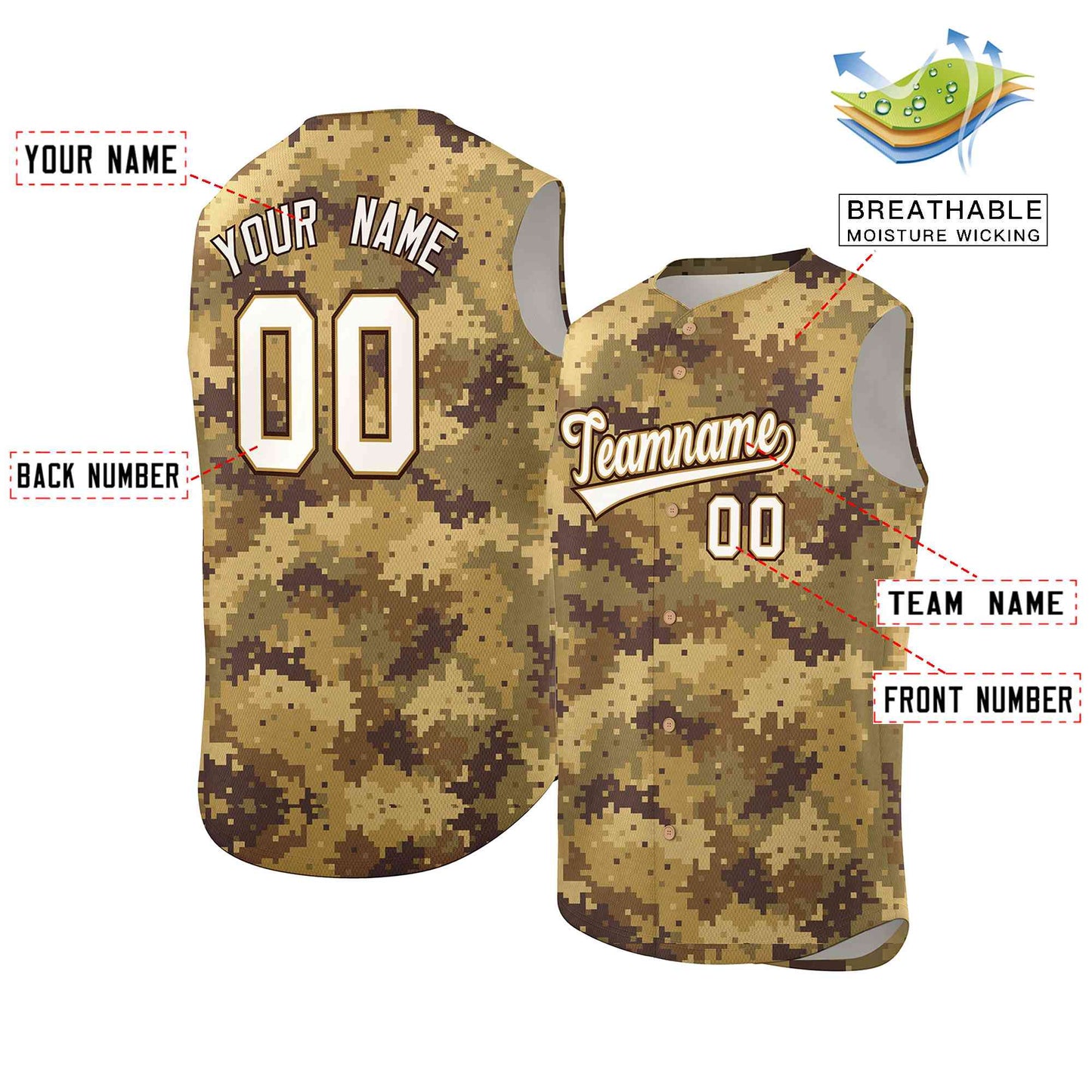 Custom Brown Old Gold-White Camo Fashion Authentic Sleeveless Baseball Jersey