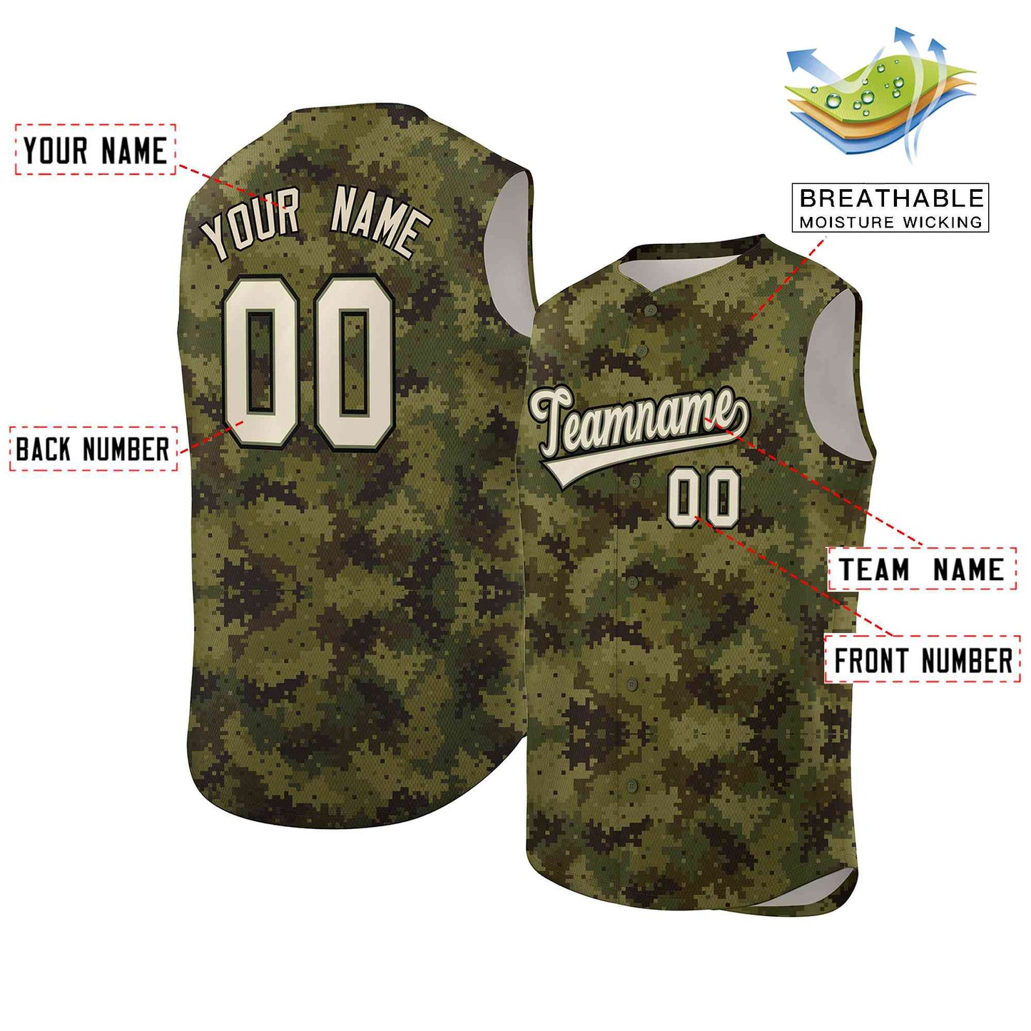 Custom Green Brown-Khaki Camo Fashion Authentic Sleeveless Baseball Jersey