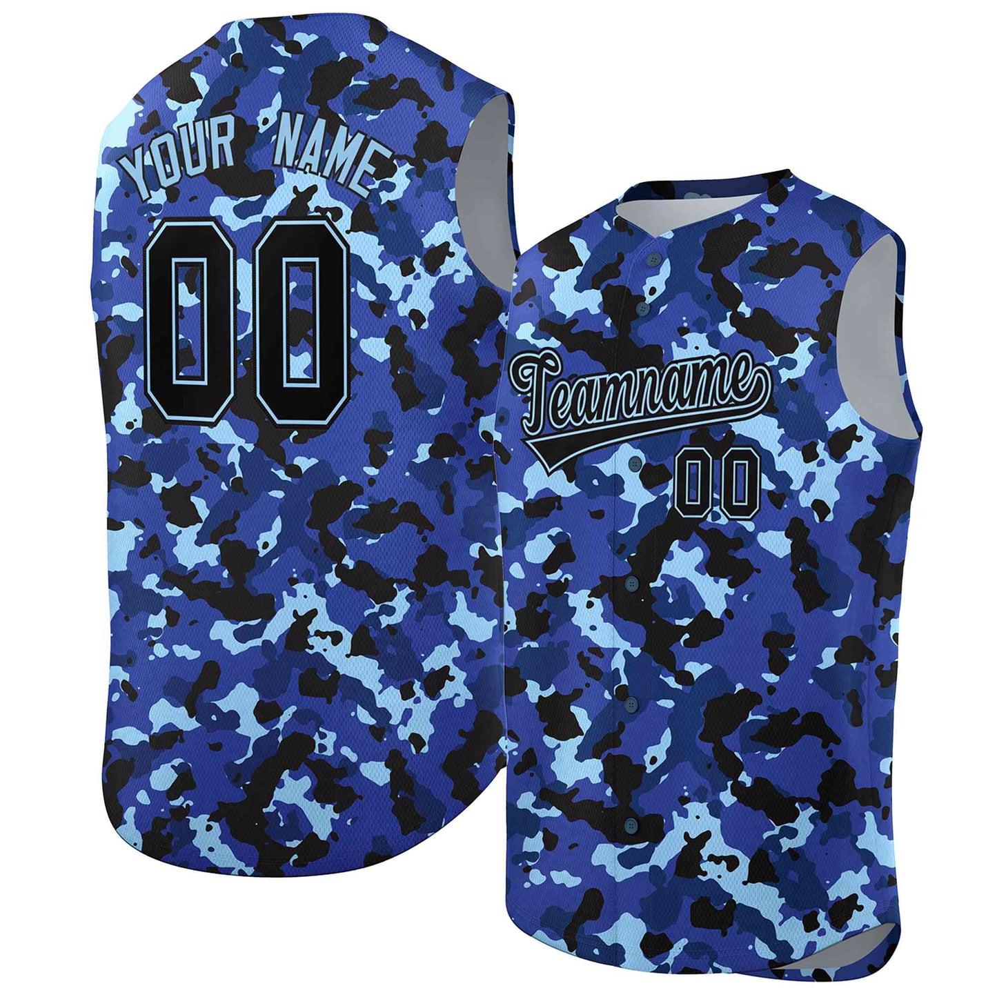 Custom Lt Blue Royal-Black Camo Fashion Authentic Sleeveless Baseball Jersey