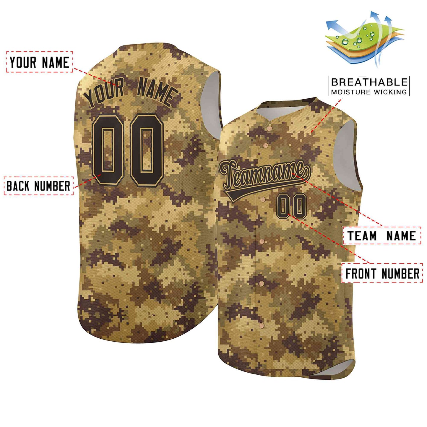 Custom Brown Old Gold-Black Camo Fashion Authentic Sleeveless Baseball Jersey