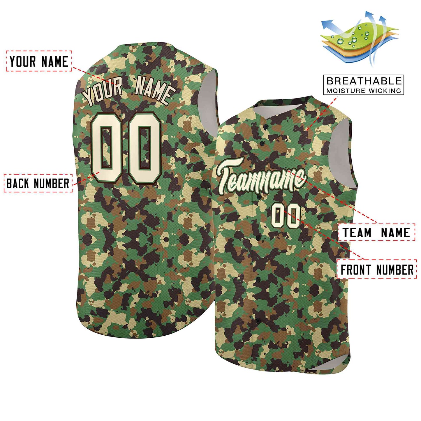 Custom Brown Green-Cream Camo Fashion Authentic Sleeveless Baseball Jersey