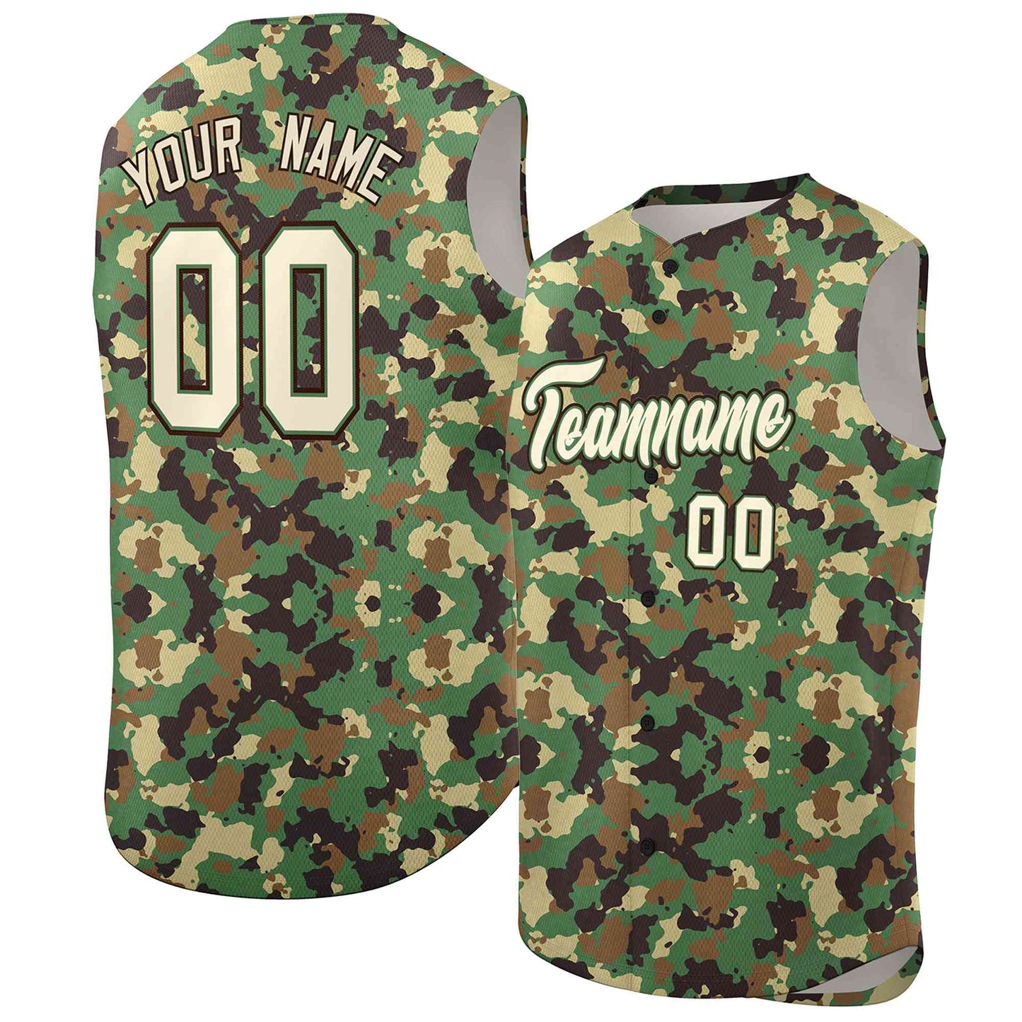 Custom Brown Green-Cream Camo Fashion Authentic Sleeveless Baseball Jersey