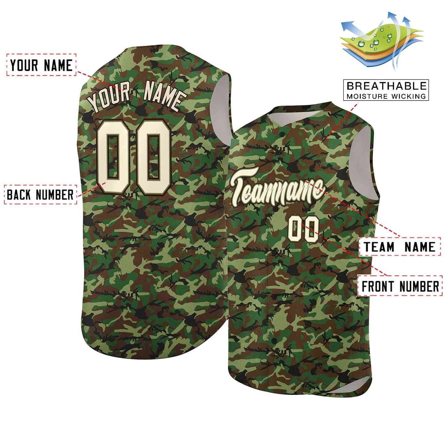 Custom Brown Green-Cream Camo Fashion Authentic Sleeveless Baseball Jersey