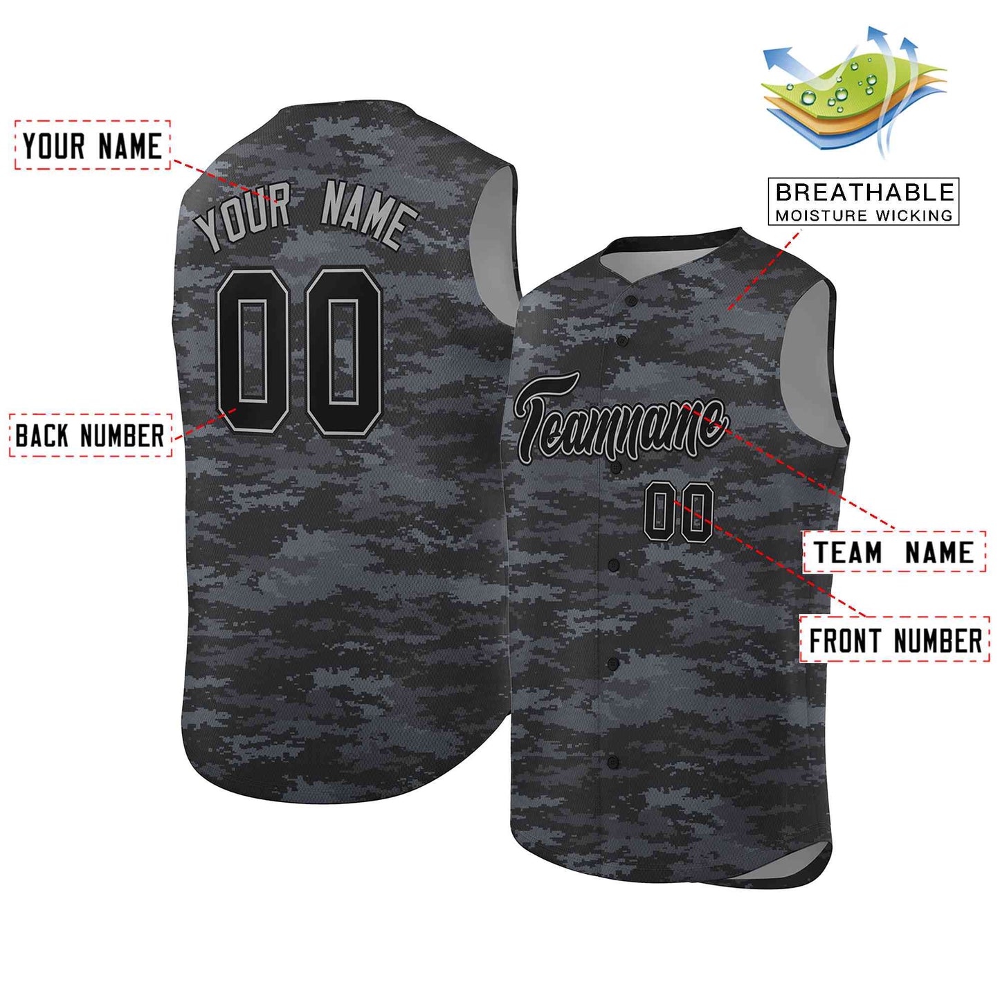 Custom Gray Black Camo Fashion Authentic Sleeveless Baseball Jersey