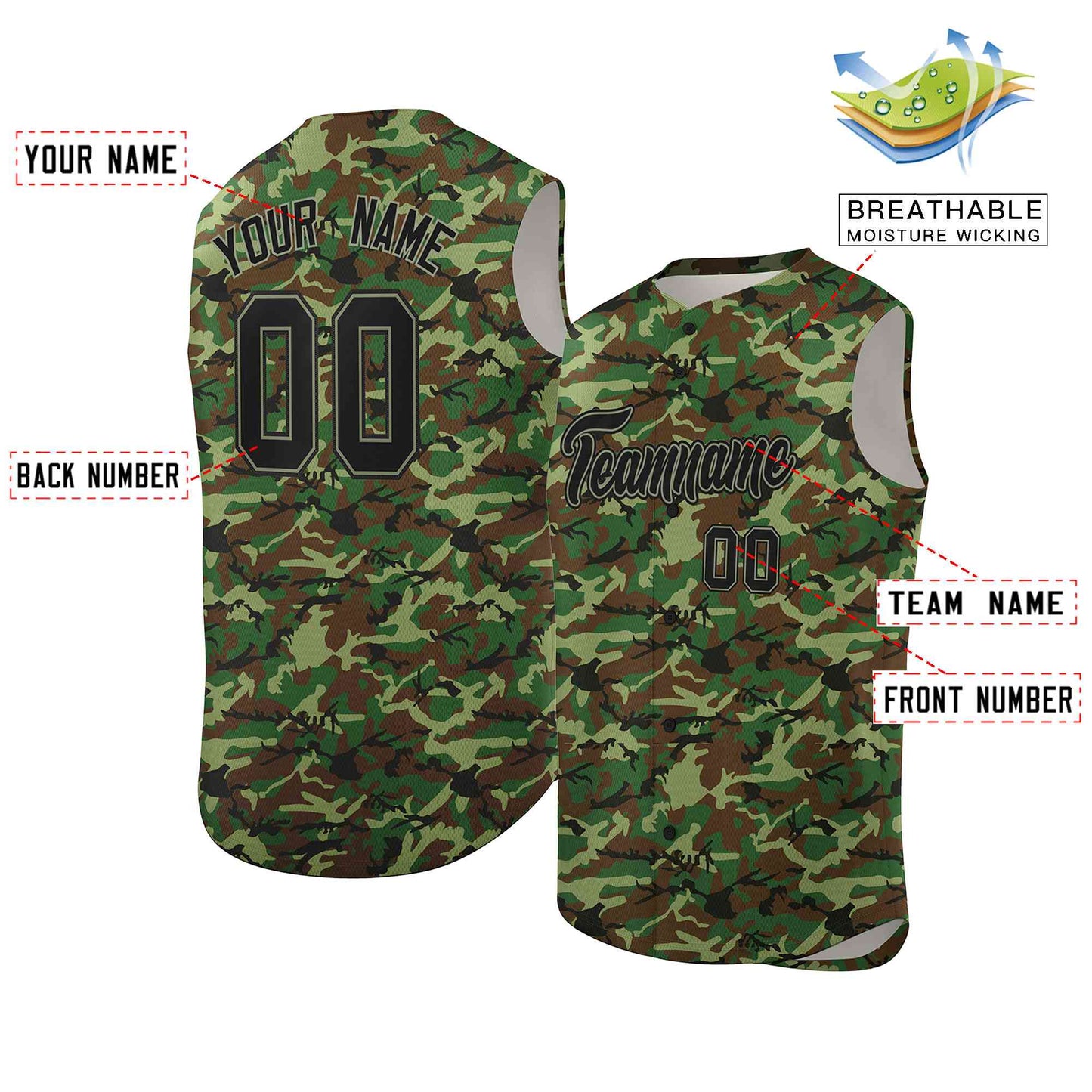 Custom Brown Green-Black Camo Fashion Authentic Sleeveless Baseball Jersey