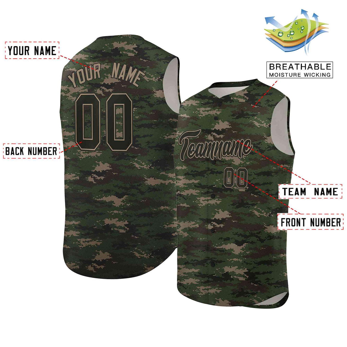 Custom Green Brown-Khaki Camo Fashion Authentic Sleeveless Baseball Jersey