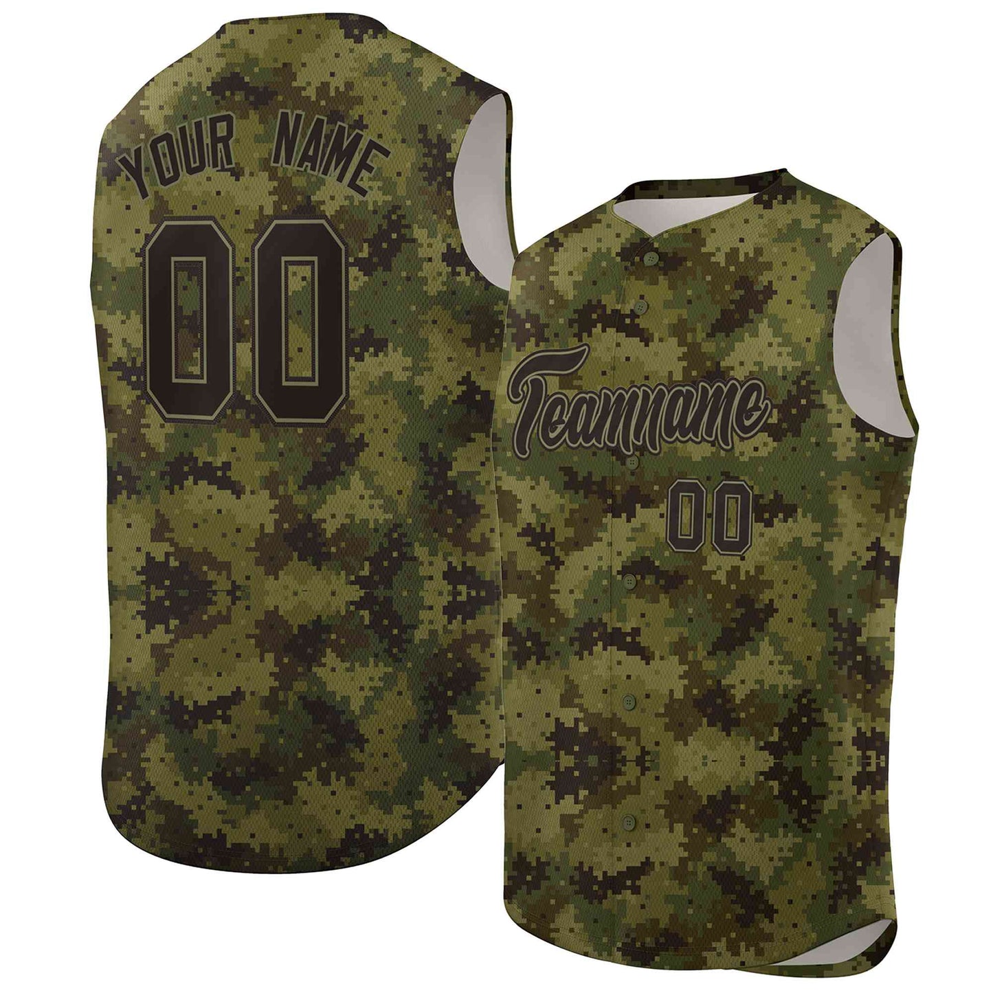 Custom Green Brown-Black Camo Fashion Authentic Sleeveless Baseball Jersey