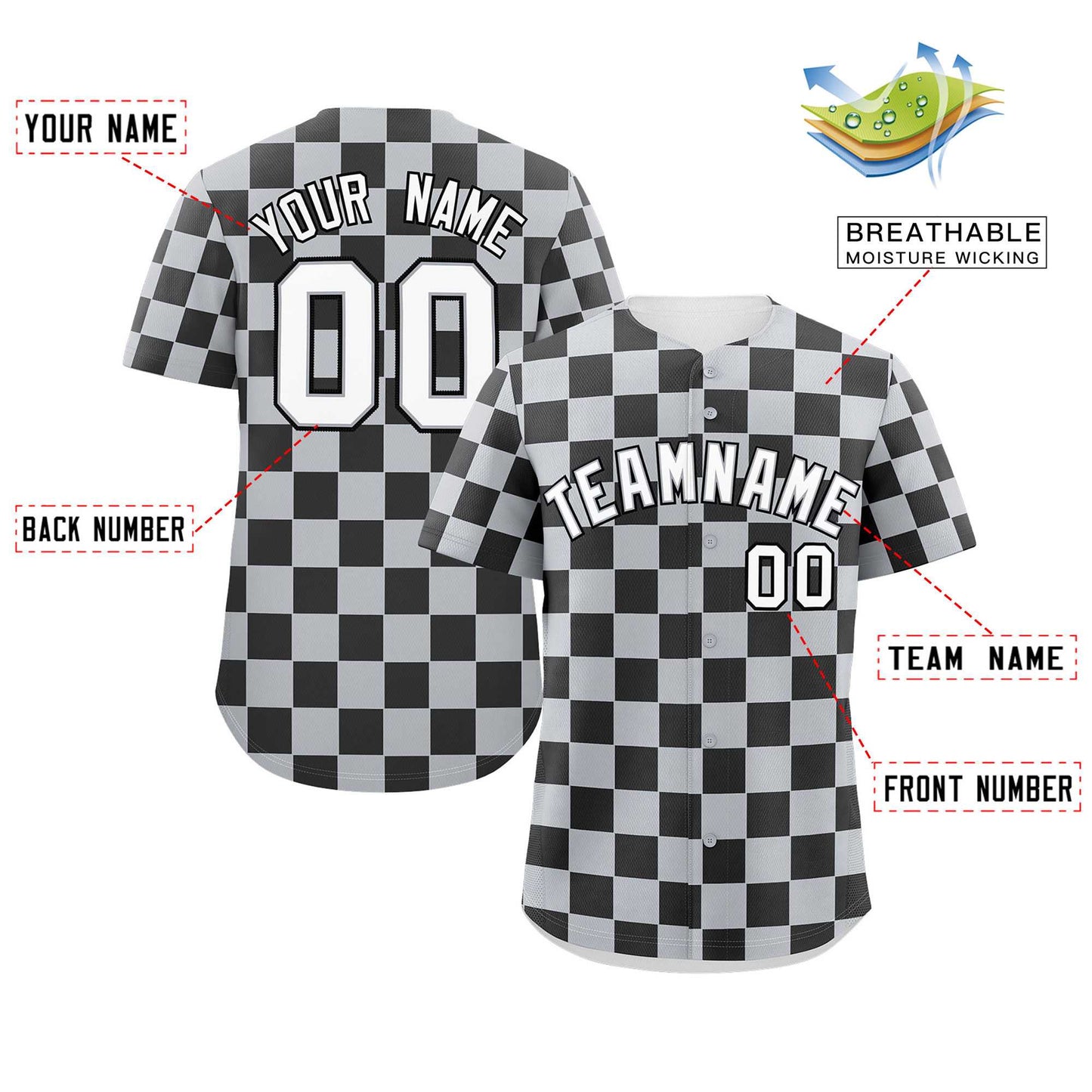 Custom Light Gray Black Square Grid Color Block Design Authentic Baseball Jersey