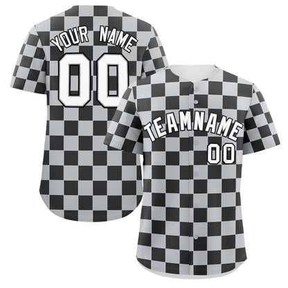 Custom Light Gray Black Square Grid Color Block Design Authentic Baseball Jersey