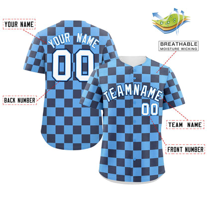 Custom Powder Blue Navy Square Grid Color Block Design Authentic Baseball Jersey