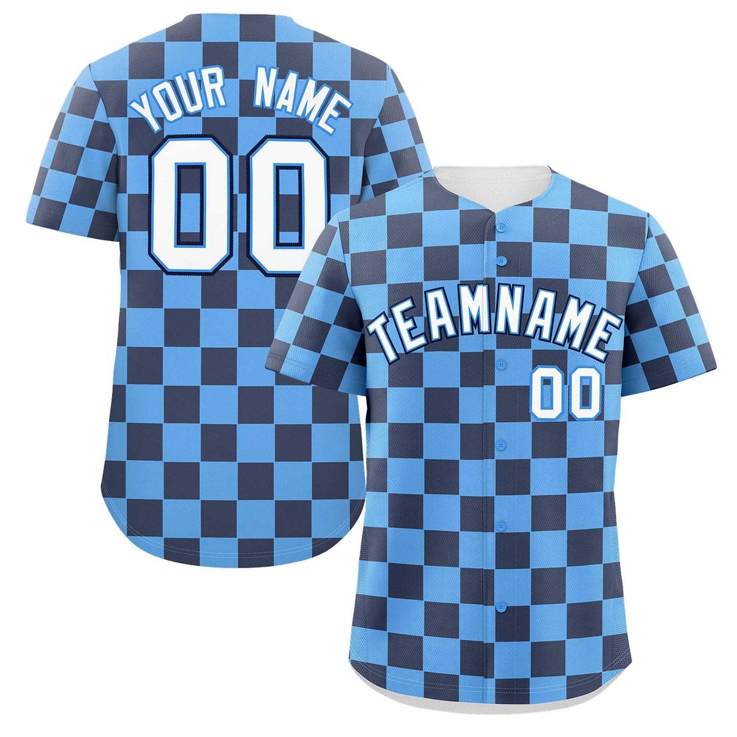 Custom Powder Blue Navy Square Grid Color Block Design Authentic Baseball Jersey