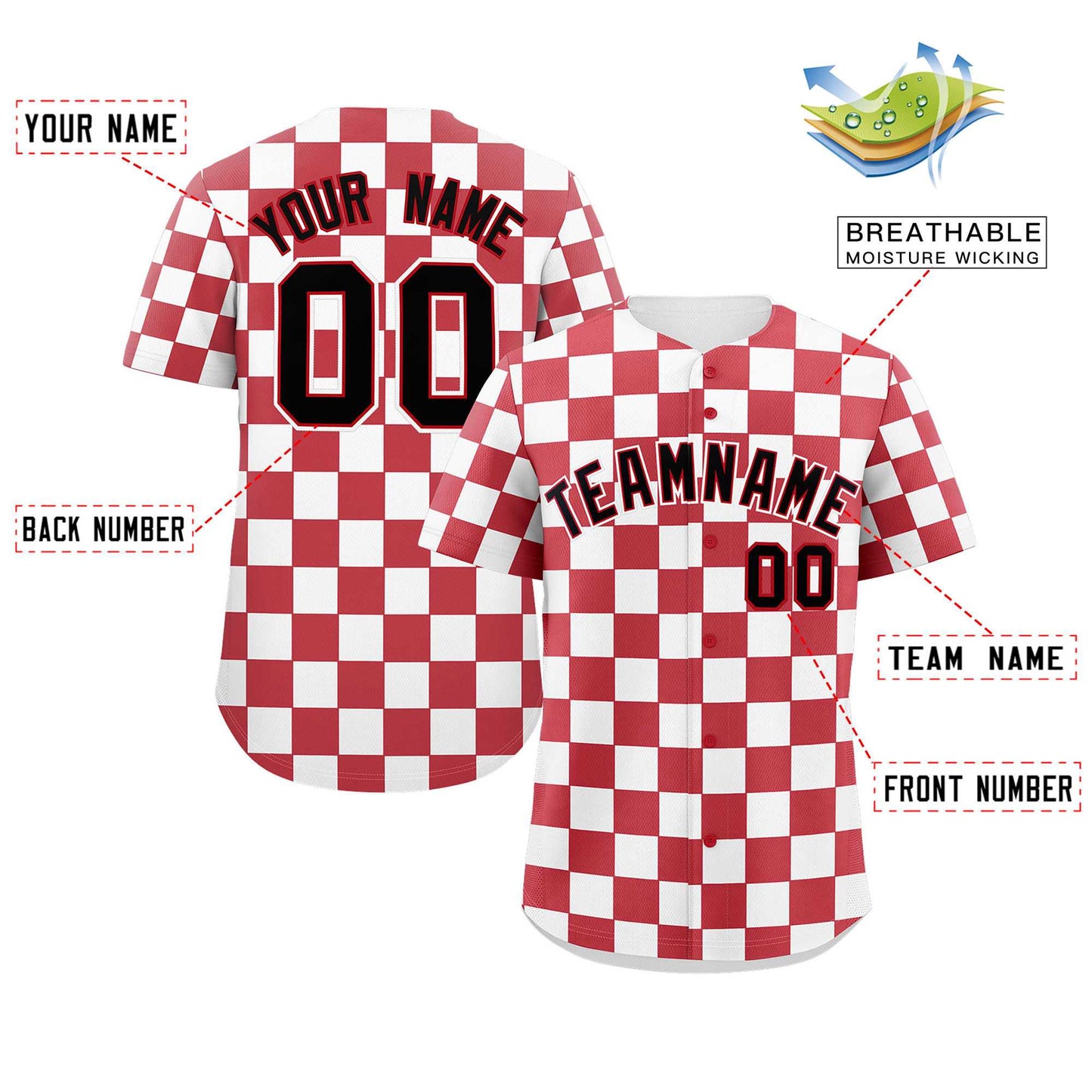 Custom Red White Square Grid Color Block Design Authentic Baseball Jersey