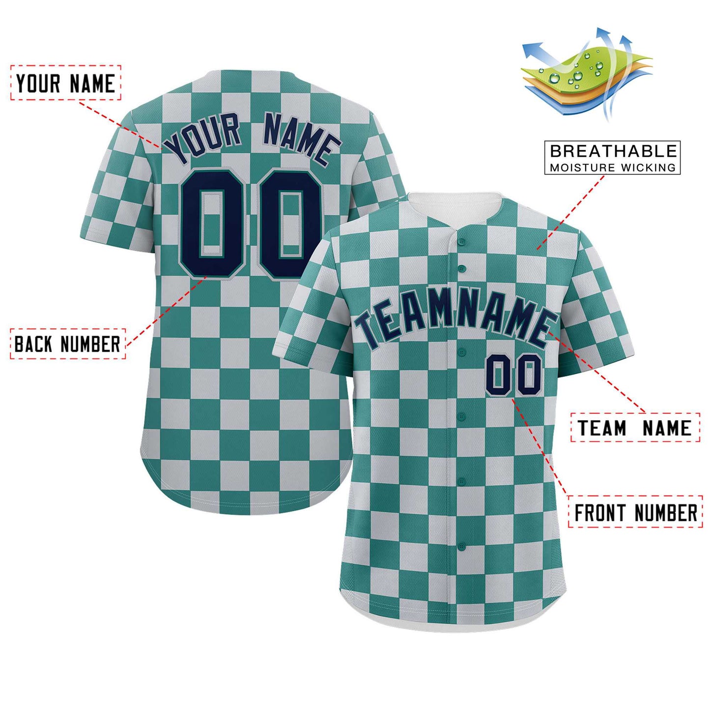 Custom Aqua Light Gray Square Grid Color Block Design Authentic Baseball Jersey