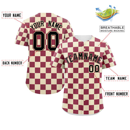 Custom Khaki Crimson Square Grid Color Block Design Authentic Baseball Jersey