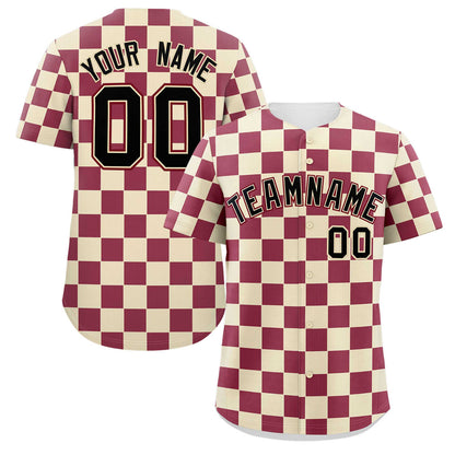 Custom Khaki Crimson Square Grid Color Block Design Authentic Baseball Jersey