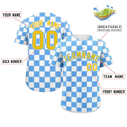 Custom Powder Blue White Square Grid Color Block Design Authentic Baseball Jersey