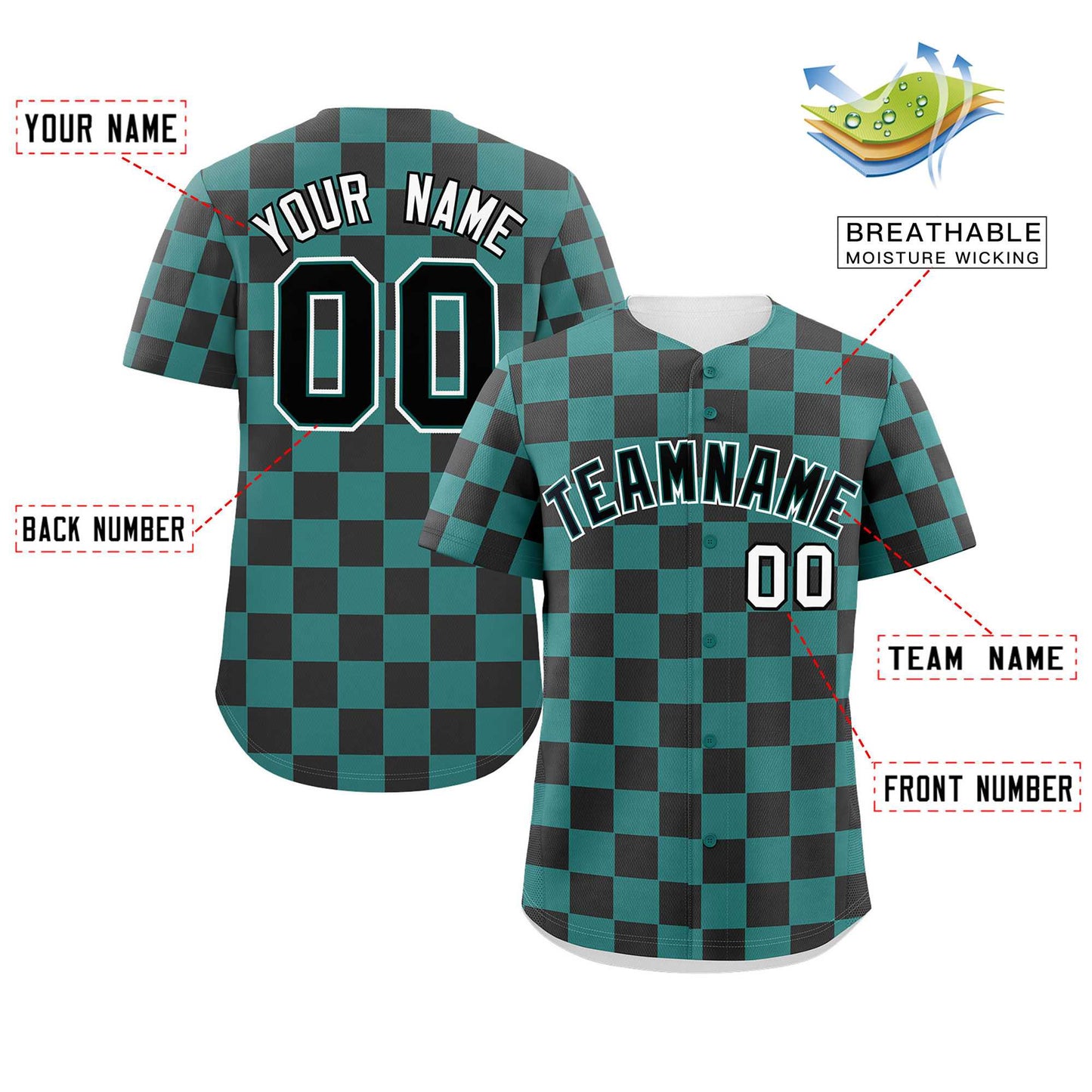 Custom Aqua Black Square Grid Color Block Design Authentic Baseball Jersey