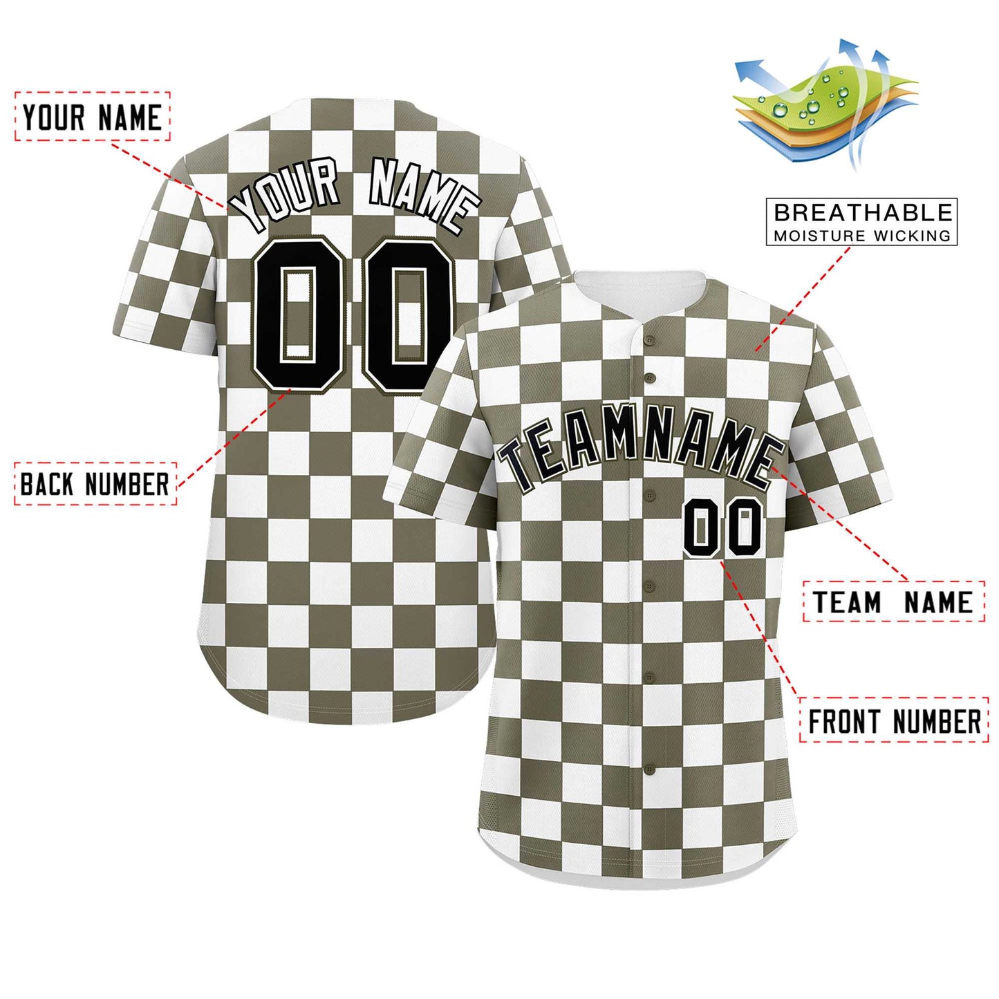 Custom Olive White Square Grid Color Block Design Authentic Baseball Jersey