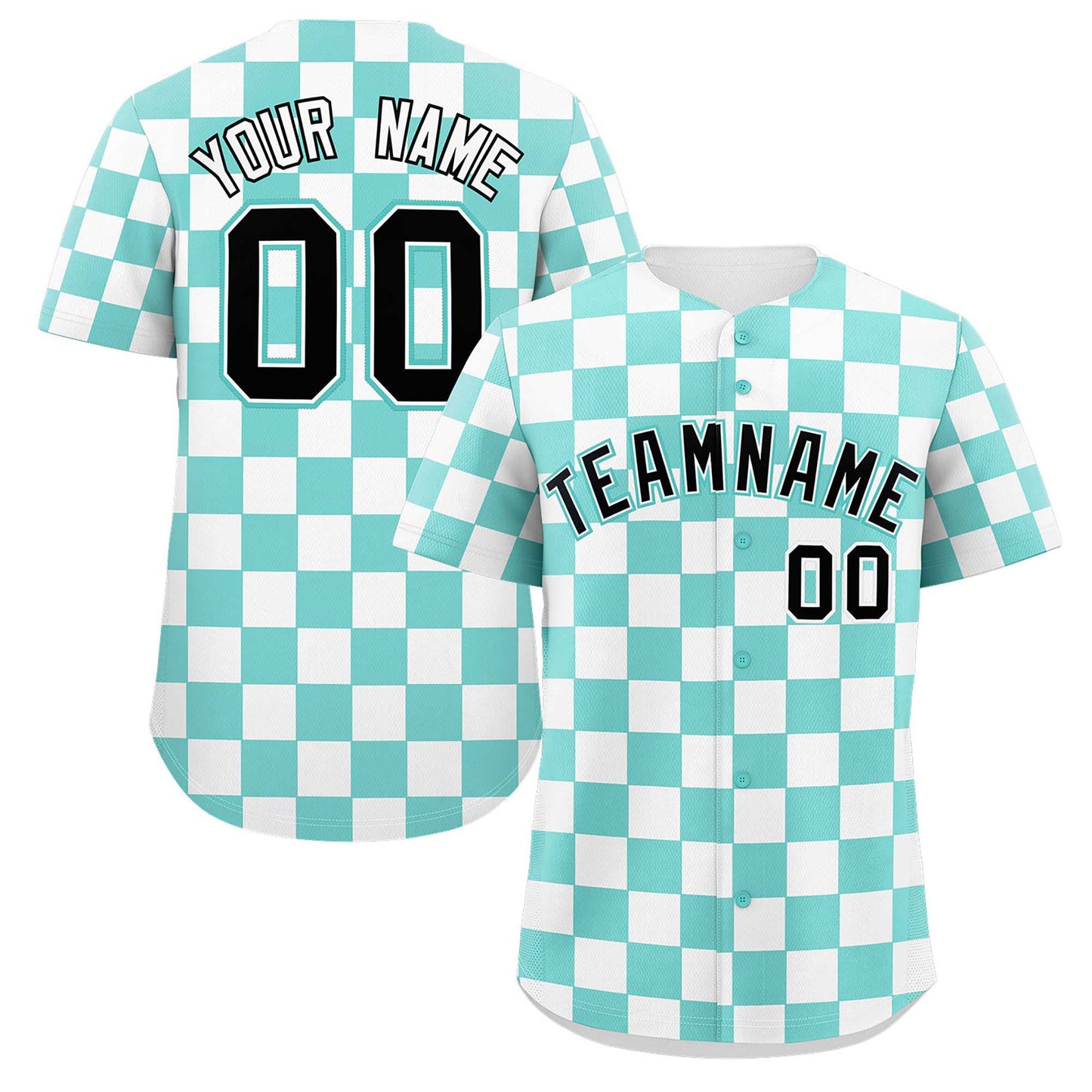 Custom Aqua White Square Grid Color Block Design Authentic Baseball Jersey