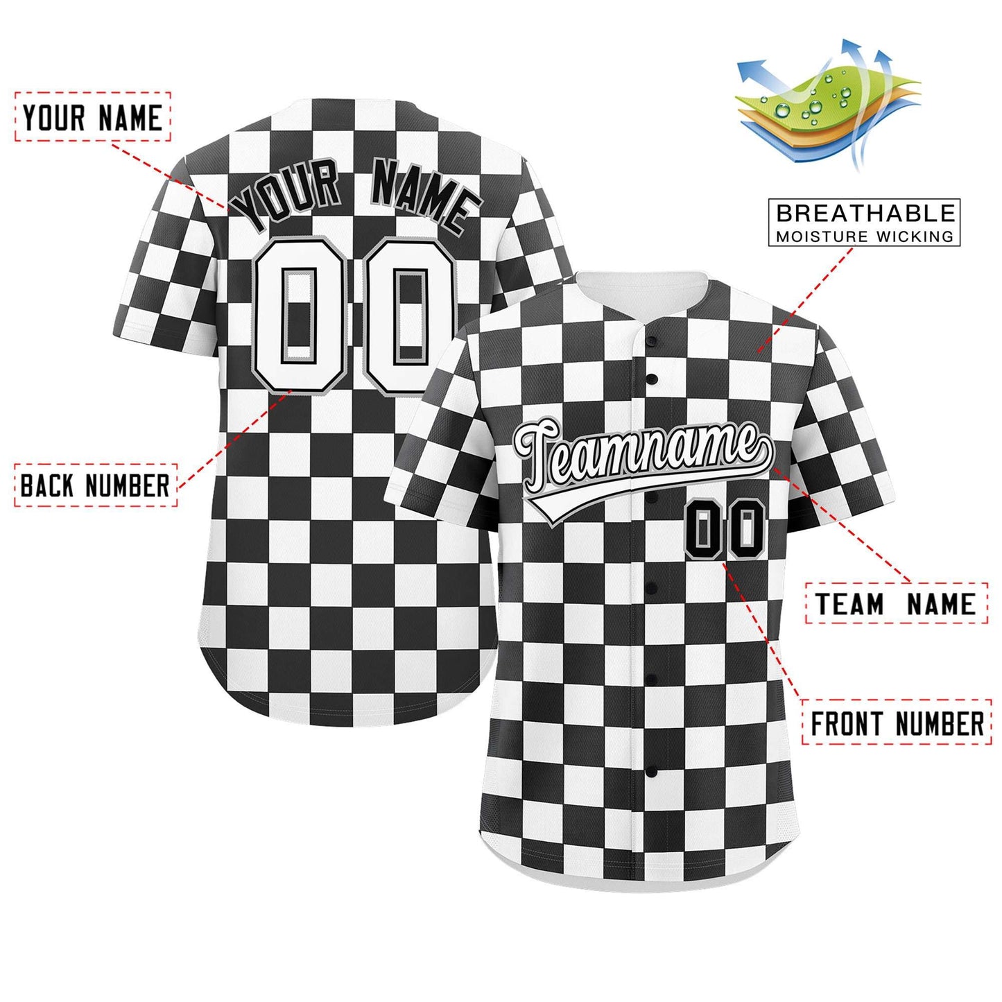 Custom Black White Square Grid Color Block Design Authentic Baseball Jersey