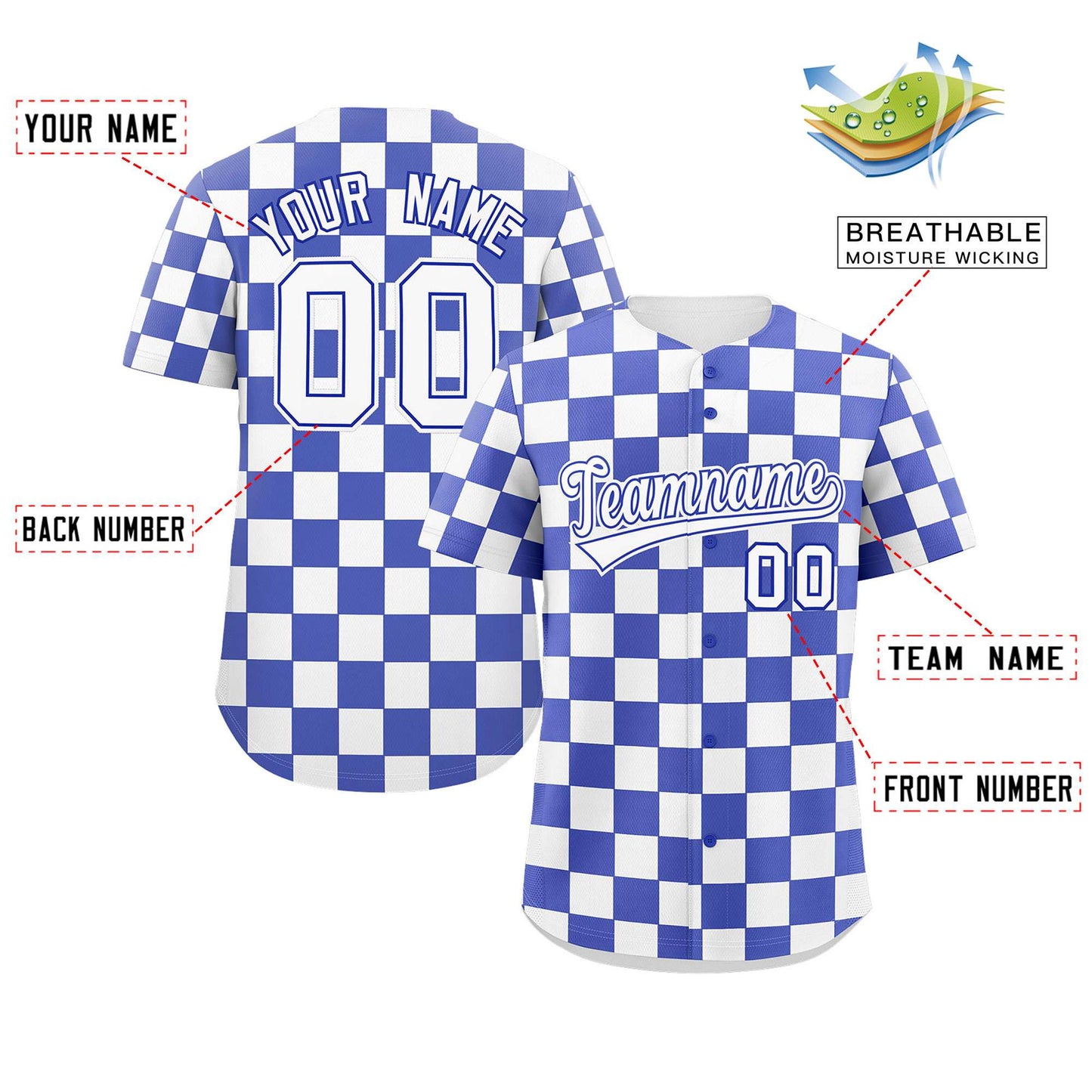 Custom Royal White Square Grid Color Block Design Authentic Baseball Jersey