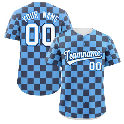 Custom Powder Blue Navy Square Grid Color Block Design Authentic Baseball Jersey