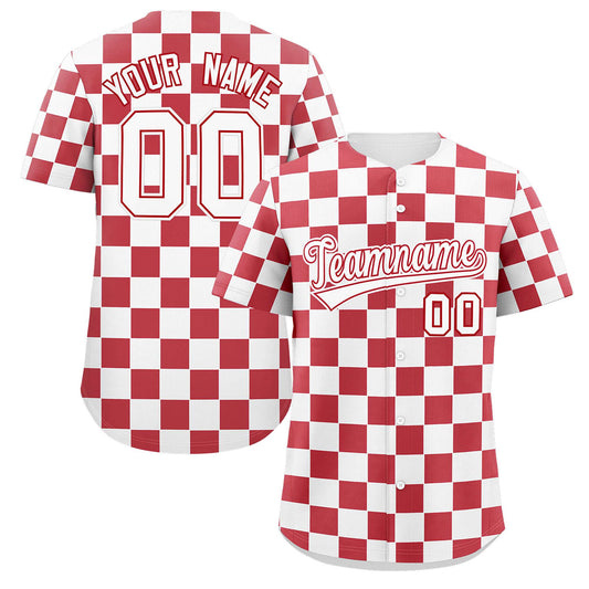 Custom White Red Square Grid Color Block Design Authentic Baseball Jersey