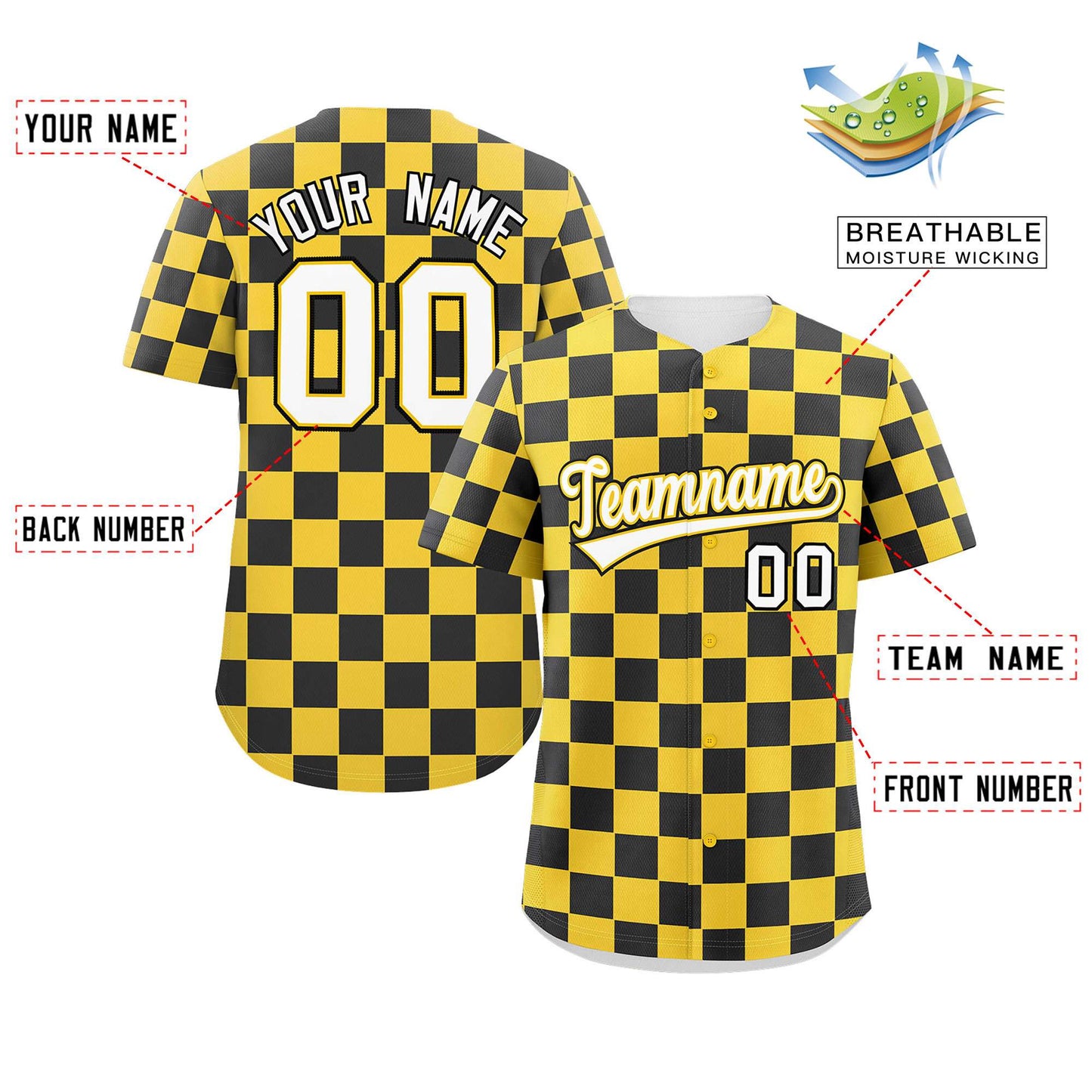 Custom Gold Black Square Grid Color Block Design Authentic Baseball Jersey