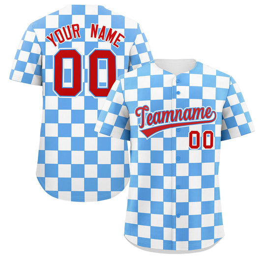 Custom Powder Blue White Square Grid Color Block Design Authentic Baseball Jersey