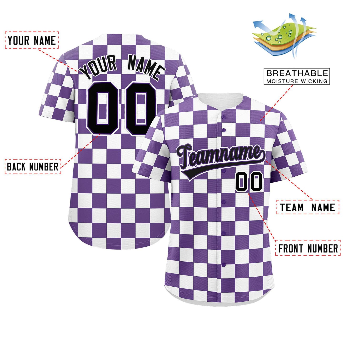 Custom Purple White Square Grid Color Block Design Authentic Baseball Jersey