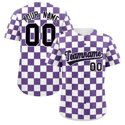 Custom Purple White Square Grid Color Block Design Authentic Baseball Jersey