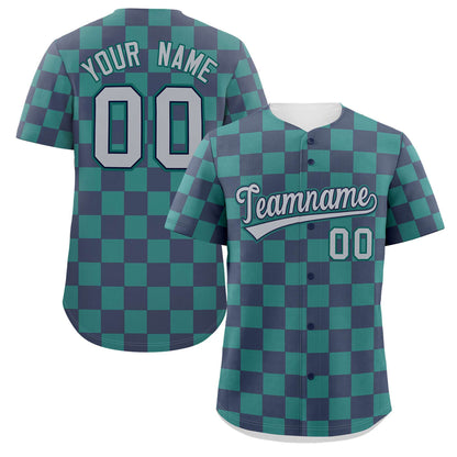 Custom Navy Aqua Square Grid Color Block Design Authentic Baseball Jersey