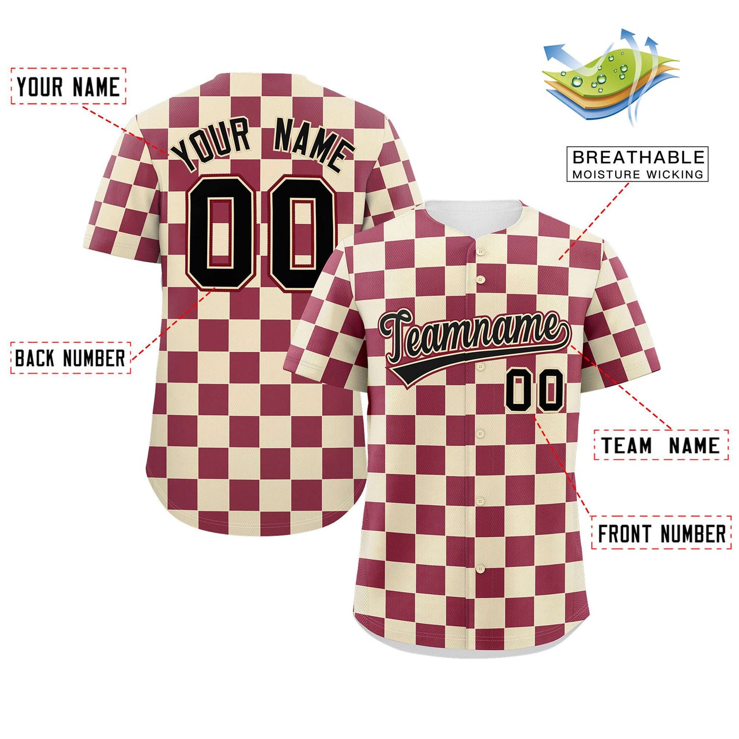 Custom Khaki Crimson Square Grid Color Block Design Authentic Baseball Jersey