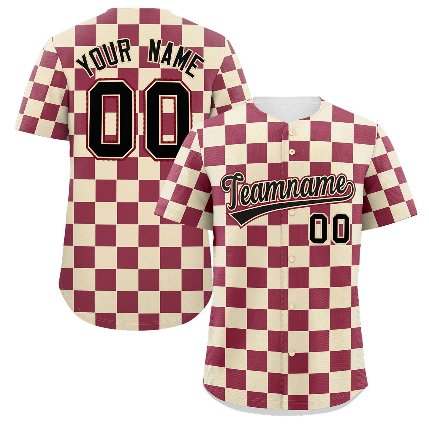 Custom Khaki Crimson Square Grid Color Block Design Authentic Baseball Jersey