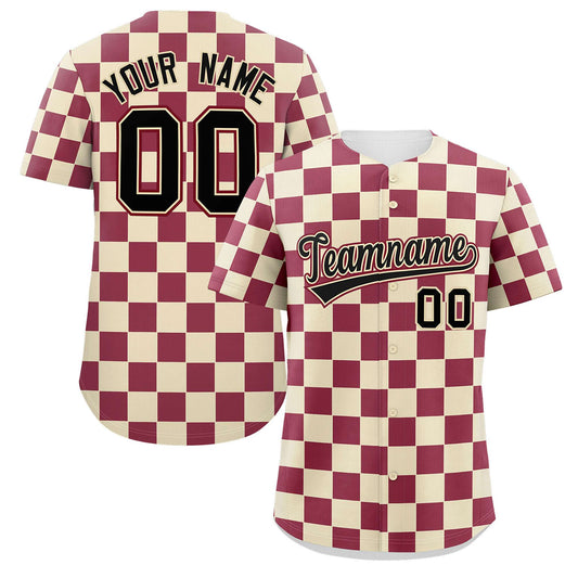 Custom Khaki Crimson Square Grid Color Block Design Authentic Baseball Jersey