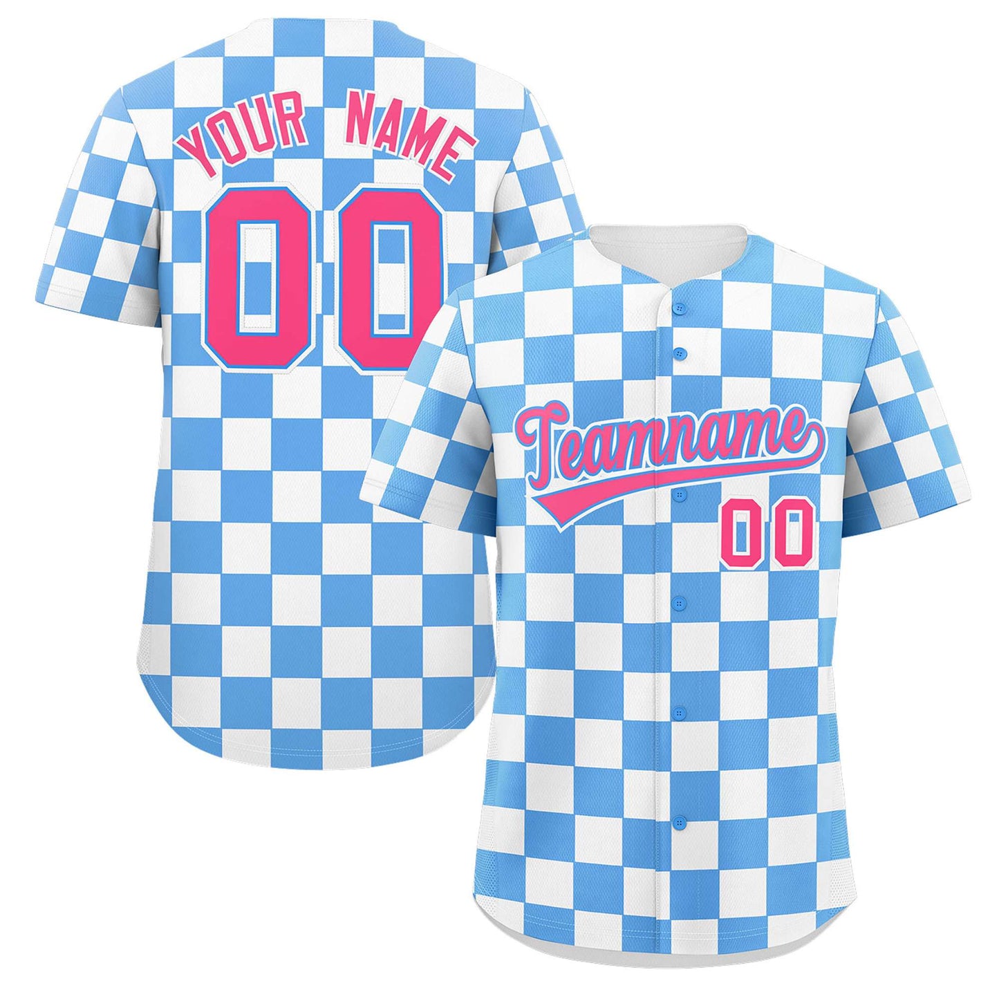 Custom Powder Blue White Square Grid Color Block Design Authentic Baseball Jersey