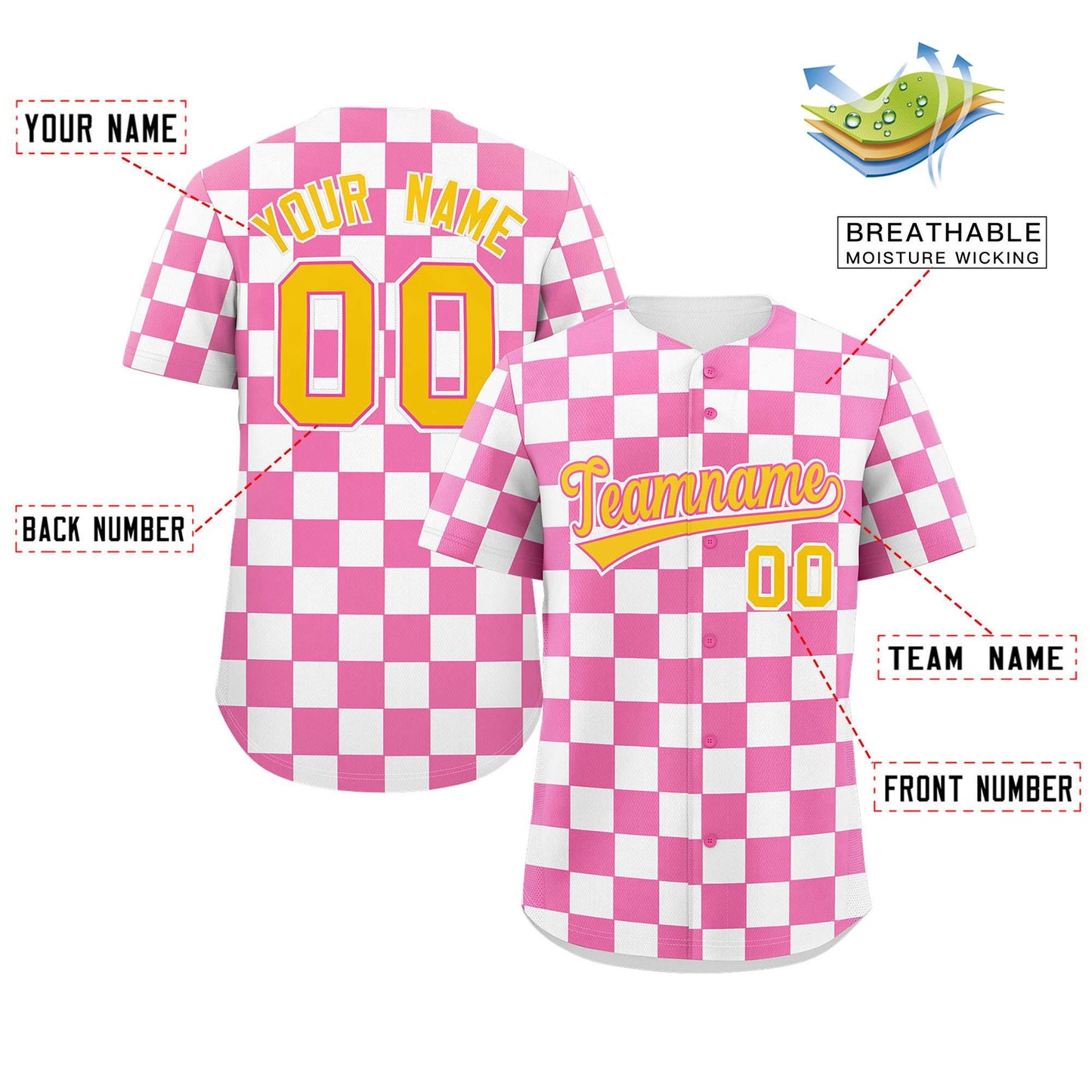 Custom Pink White Square Grid Color Block Design Authentic Baseball Jersey