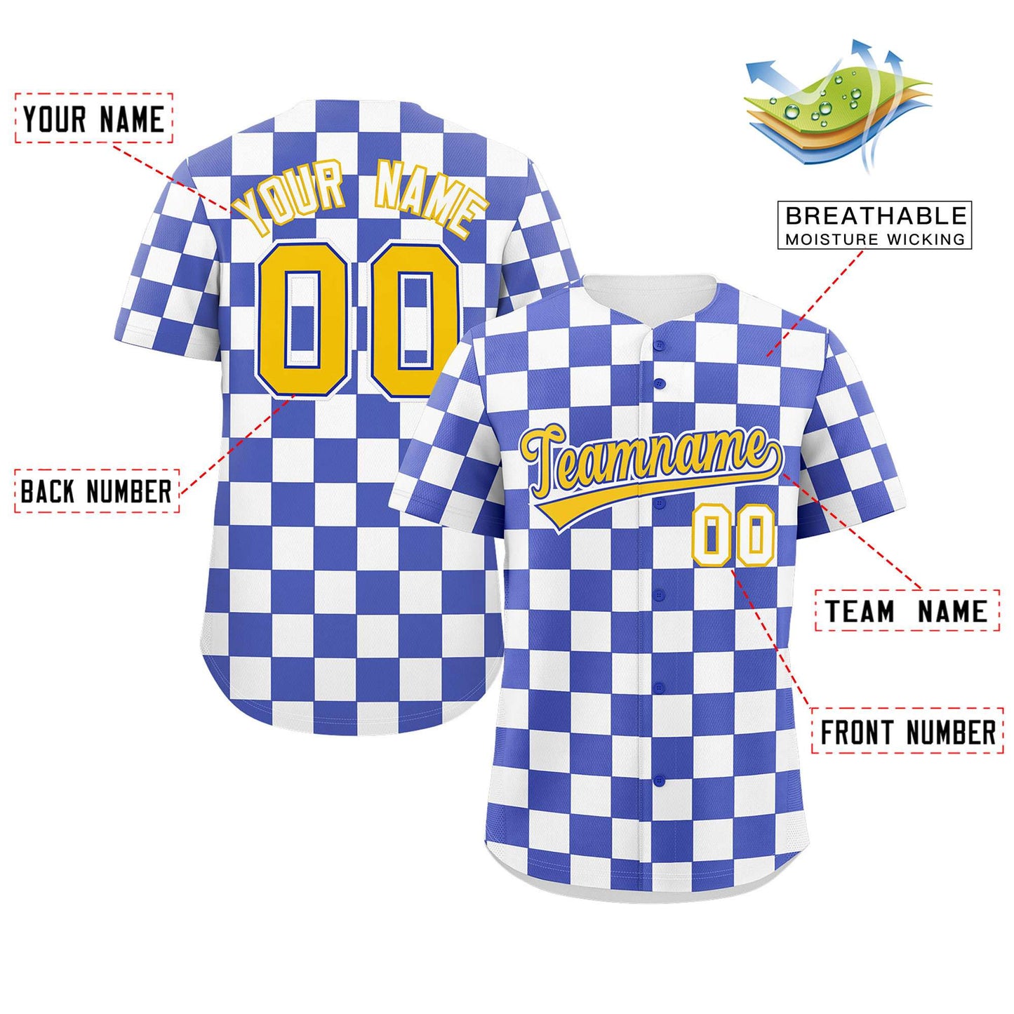 Custom Royal White Square Grid Color Block Design Authentic Baseball Jersey